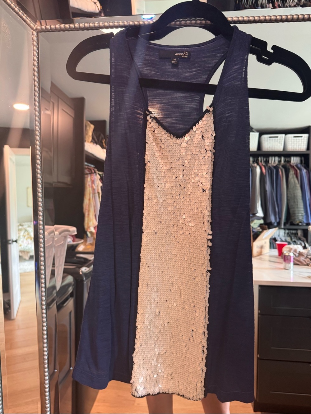 Adrianna Papell Navy tank with Champagne Sequin Front